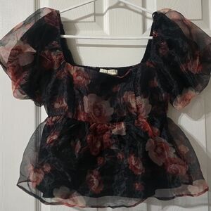 Thirty/Thirty LA Cropped Puff Sleeve Floral Organza Babydoll Blouse, EUC!
